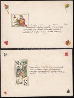 2 db rajzos, kártya témájú lap humoros, verses szöveggel
