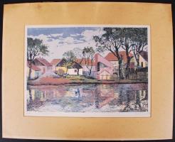 Mészáros Imre (1947-): Házak a vízparton. Színezett linó, papír, jelzett, 24×34 cm