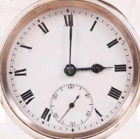 cca 1910 925-ös tisztaságú, porcelán számlapos, másodpercmutatós, ezüst (Ag) zsebóra ezüst (Ag) lánc...