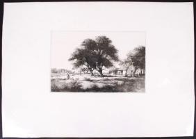 Gy. Molnár István (1933-): Tanyaudvar. Rézkarc, papír, jelzés nélkül, 19×28 cm