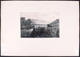 Csanády András (1929-): Falu a völgyben. Rézkarc, papír, jelzés nélkül, 19×28 cm