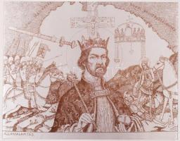 Pásztor Gábor (1933-2012): Államalapítás. Selyem, karton, jelzés nélkül, 28×37 cm