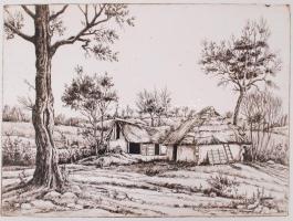 Gácsi Mihály (1926-1987): Tanya. Rézkarc, papír, jelzés nélkül, 29×39 cm