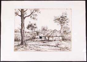 Gácsi Mihály (1926-1987): Tanya. Rézkarc, papír, jelzés nélkül, 29×39 cm