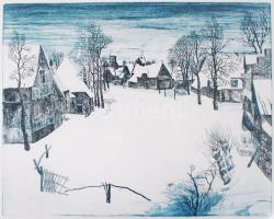 Kéri Imre (1945-): Téli falu. Rézkarc, papír, jelzés nélkül, 30×40 cn