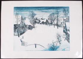 Kéri Imre (1945-): Téli falu. Rézkarc, papír, jelzés nélkül, 30×40 cn