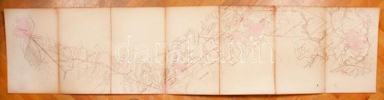 cca 1880 A Debrecen-Érmelléki vasútvonal nyomvonalának kézzel rajzolt terve 140x34 cm