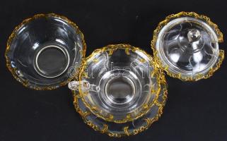 Üveg csésze és csészealj, cukortartó, üveg tálka