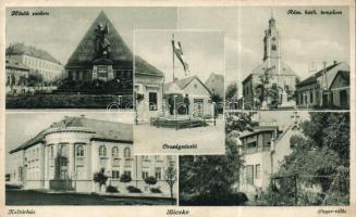 Bicske kultúrház, Preyer villa, Hősök szobra, országzászló, templom (EB)