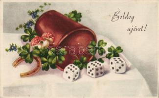 New Year dice, mushroom, clover, horseshoe (fl)