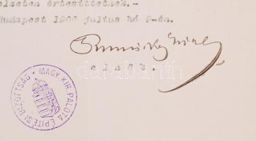 1900 báró Podmaniczky Frigyes a Királyi Vár Építési Bizottság elnöke által aláírt hivatalos levél, a...