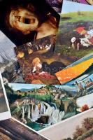 90 db modern motívumlap, főként folklór, propaganda és művészlapok, köztük több festmény reprodukció: Munkácsy, Benczúr, Csontváry, Rippl-Rónai / 90 modern motive cards, folklore, propaganda and artist cards