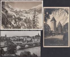 3 db régi svájci városképes lap: St. Moritz, Basel, La Sarraz / 3 old Swiss postcards