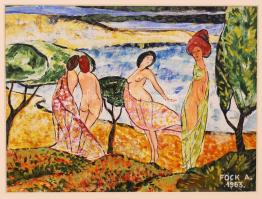 Fock A. jelzéssel: Fürdőzők. Olaj, karton, keretben, 21×27 cm