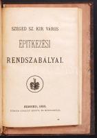 A fővárosi tanács előterjesztése Budapest főváros épitési rendszabályainak tervezete tárgyában. (A Középitési Rendszabály-Tervezet IV. füzete) Bp., 1877, Pest Könyvnyomda-Részvény-Társaság; Szeged szab. kir. város középitészeti tanácsának működésére vonatkozó törvény, ügyviteli szabályzat és utasitás. Szeged, 1884, Burger G. és Társa; Szeged sz. kir. város épitkezési rendszabályai. Szeged, 1880, Burger Gusztáv. Ábrákkal és egy térképmelléklettel a korabeli Szegedről. Egybekötve, korabeli, aranyozott gerincű egészvászon kötésben, a kötés penészes, de a szöveg jó állapotú