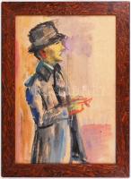 Antal Irén (1903-1999): Kalapos férfi. Akvarell, papír, jelzett, üvegezett keretben, 50×34 cm