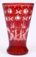 Homokfújt rubin vörös emlékpohár, többrétegű, hámozott, hibátlan, m:14 cm
