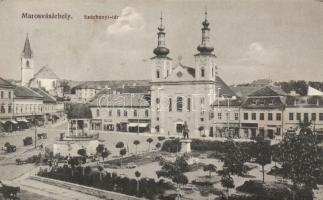 Marosvásárhely, Széchenyi tér, Császár József, Siky Emil, Schuster Ödön, Lukács János üzletei / square, shops, statue