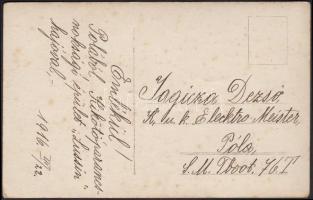 1916 Pola, kikötőparancsnokság hajókkal, fotólap, hátoldalon korabeli jegyzet