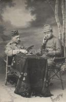 WWI soldiers, card playing, photo