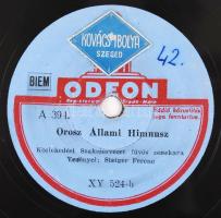Odeon bakelitlemez, orosz himnusz, köztársasági himnusz, 50 filléres forgalmi adó bélyeggel, d:25 cm
