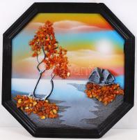 Borostyánnal kirakott, vegyes technikájú falikép, 26x26cm