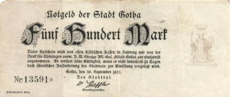 Német Birodalom / Weimari Köztársaság / Gotha 1922. 500M (5x) T:III German Empire / Weimar Republic / Gotha 1922. 500 Marks (5x) C:F