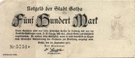 Német Birodalom / Weimari Köztársaság / Gotha 1922. 500M (5x) T:III
German Empire / Weimar Republic ...