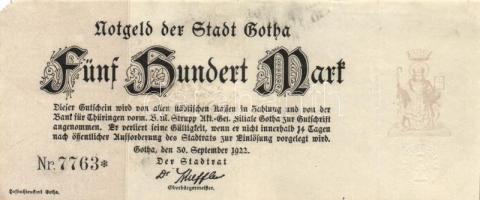 Német Birodalom / Weimari Köztársaság / Gotha 1922. 500M (5x) T:III
German Empire / Weimar Republic ...