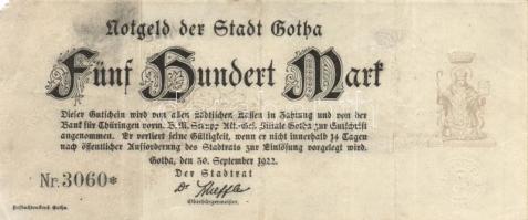 Német Birodalom / Weimari Köztársaság / Gotha 1922. 500M (5x) T:III
German Empire / Weimar Republic ...