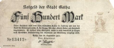 Német Birodalom / Weimari Köztársaság / Gotha 1922. 500M (5x) T:III
German Empire / Weimar Republic ...