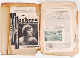 cca 1930 Nagy doboznyi nyomtatvány több száz régi újság, újságkivágás sok érdekességgel (közlekedési témájú cikkek, képek a zeppelin építéséről, légi felvételek Magyarországról, hirdetések stb.), Pesti Napló, Budapesti Hirlap, Népszava, néhány The New York Times etc., 8,5kg anyag