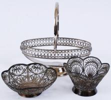 2 db filigrán fém kosárka + fém füles kosár üveg nélkül, d:11 és 13 cm, h:22 cm és m:20 cm
