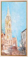Göcsey József (1957-): Mátyás templom. Olaj, farost, jelzett, szép keretben, 40×20 cm