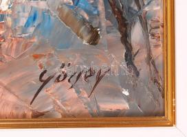 Göcsey József (1957-): Mátyás templom. Olaj, farost, jelzett, szép keretben, 40×20 cm