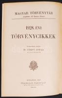 Magyar törvénytár. Corpus Juris Hungarici. Millenniumi emlékkiadás 1928. évi törvények pótlásokkal. Bp., 1929, Franklin-Társulat. Aranyozott gerincű egészvászon kötésben
