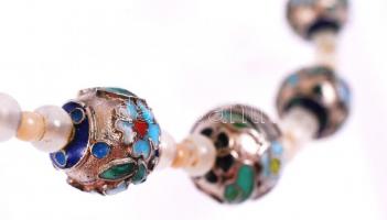 Rekeszzománc berakásos nyaklánc, virág díszítéssel, h:76 cm