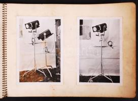 cca 1930 Házilag gyártott katalógus Burger Ferenc fotóműszerész mester fotótechnikai gépeiről (nagyítógépek, lámpák etc.), 55db fotó, ill. fotókivágás vázlatfüzetbe ragasztva