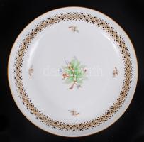 Herendi csipkebogyó mintás áttört fali dísztál, kézzel festett, jelzett, hibátlan, d:34 cm