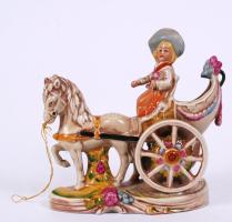 Lippelsdorf német kislány a lovaskocsin, kézzel festett, jelzett, apró mázhiba  / Hand-painted Lippelsdorf porcelain figure of child on chariot 17x17x6cm