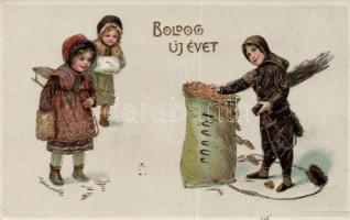New Year, chimney sweeper, children, money, Emb. litho