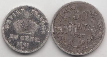 Belgium 1907. 50c Ag II. Lipót + Franciaország 1867. 20c Ag III. Napóleon T:3 Belgium 1907. 50 cent Ag Leopold II + France 1867. 20 centimes Ag Napoleon III C:F