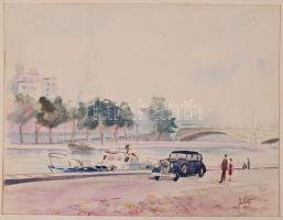 Joláthy Attila (1927-1998): Szajna-parti séta. Akvarell,papír, jelzett, paszpartuban, 18x25 cm