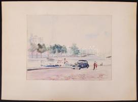 Joláthy Attila (1927-1998): Szajna-parti séta. Akvarell,papír, jelzett, paszpartuban, 18x25 cm