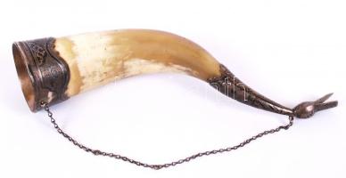 cca 1850 Kaukázusi szaru ivókürt,niello díszítésű ezüst (Ag) kiegészítőkkel 25 cm / Caucasian silver horn drinking cure
