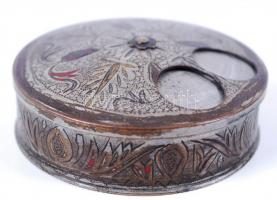 cca 1930 Réz rózsavíz tartó, színezett cizellált díszítés, d: 6 cm /
rose water holding