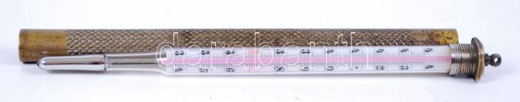 cca 1930 Higanyos hőmérő cizellált réz tokban, (Libál János munkája, Budapest), 13 cm