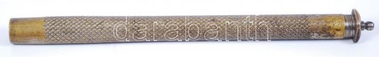 cca 1930 Higanyos hőmérő cizellált réz tokban, (Libál János munkája, Budapest), 13 cm