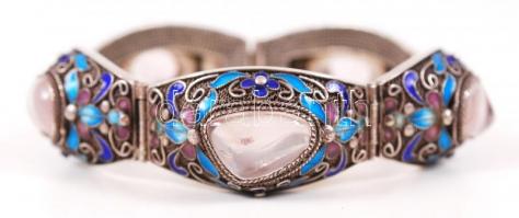 Ezüst (Ag), távol-keleti karkötő 5 db rózsakvarc kővel és zománc díszítéssel, biztonsági lánccal, je...