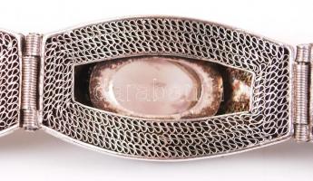 Ezüst (Ag), távol-keleti karkötő 5 db rózsakvarc kővel és zománc díszítéssel, biztonsági lánccal, je...